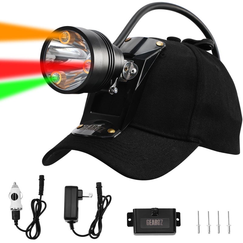 GearOZ 10W Coon Hunting Lights Headlamp for Coyotes Hog Predators, Rechargeable & IPX5 Waterproof, 6 Lighting Modes, 600 Lumens Bright 4-Color LED (White Red Green Amber) with Black Hunting Hat - Image 1